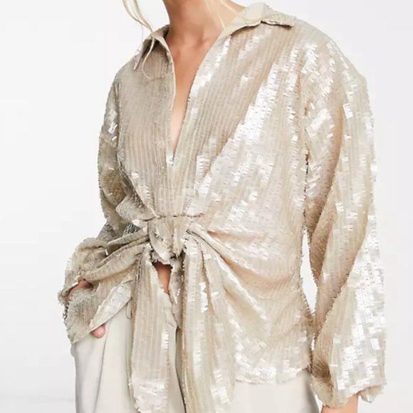 River Island Champagne Gold Sequin Tie Front Blouse - Picture 5 of 5